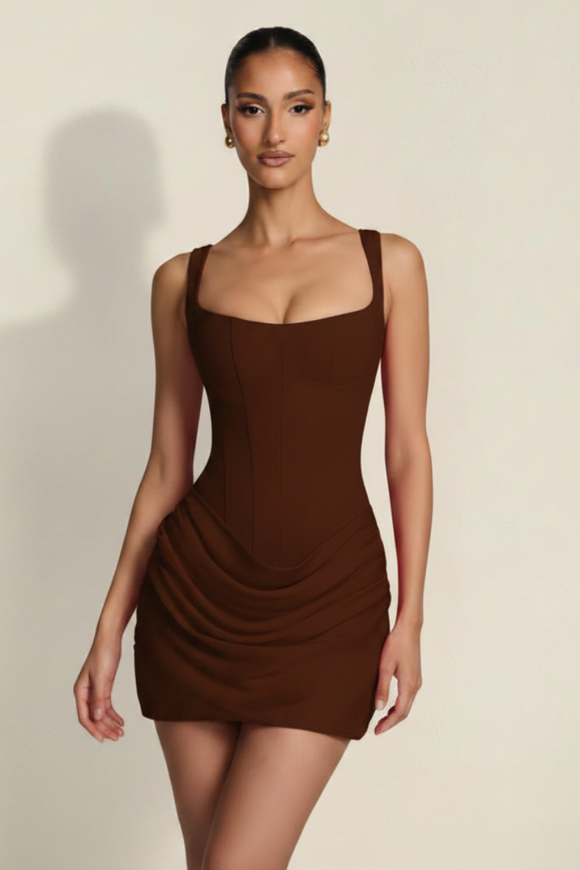 Elara – Vestido Mini Corset Efecto Silueta Chocolate