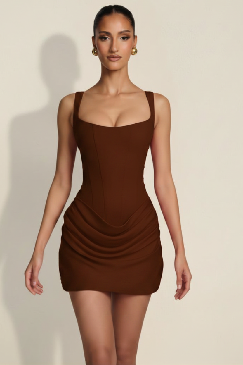 Elara – Vestido Mini Corset Efecto Silueta Chocolate