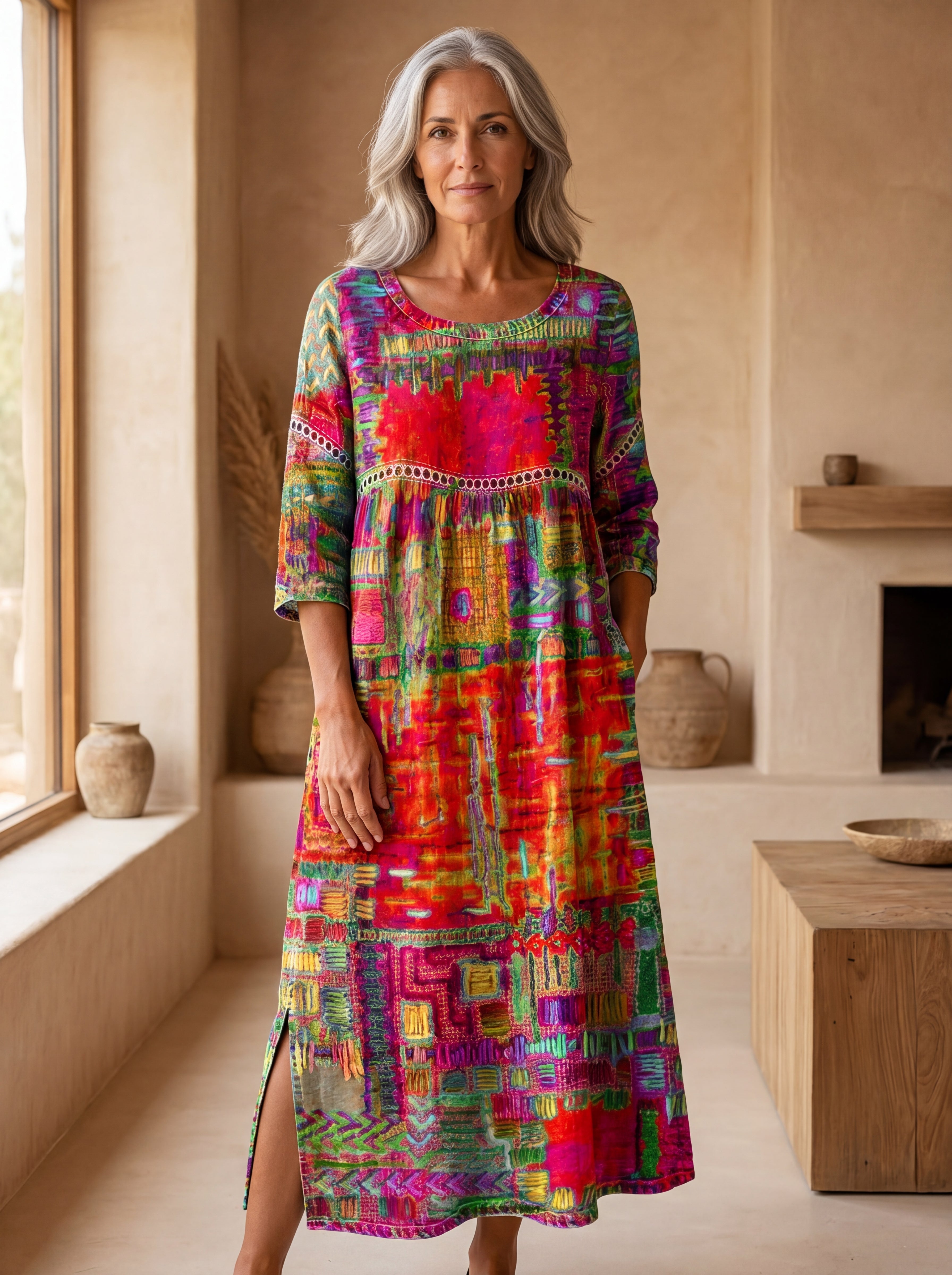 Manuela | Vestido Denim con Patchwork Étnico