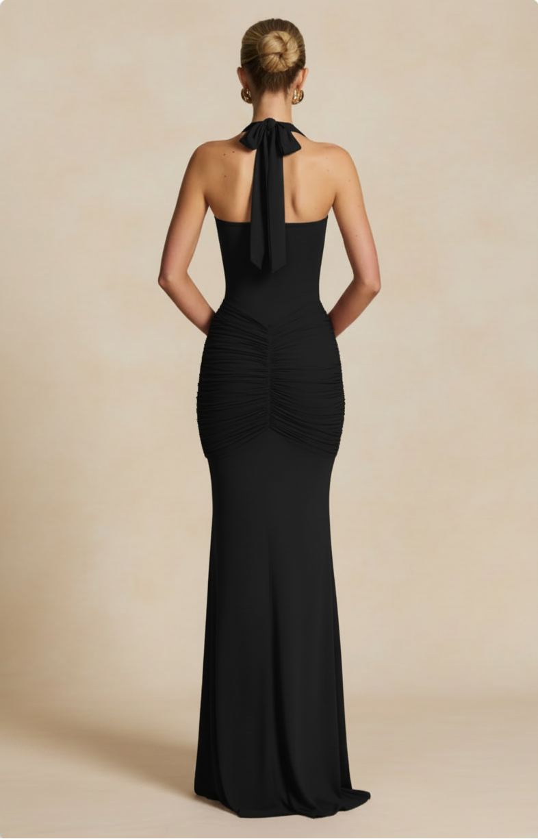 Seraphina – Vestido Maxi Fruncido Efecto Silueta Negro