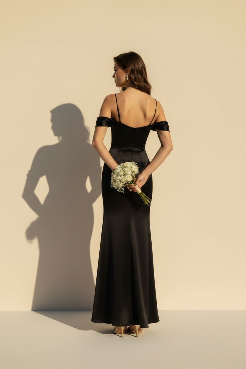 Aurélie – Vestido Maxi Satinado Efecto Silueta Negro