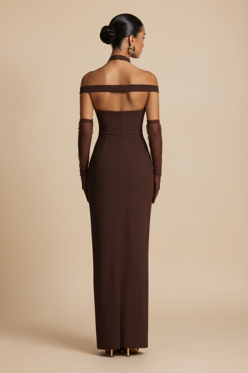 Selene – Vestido Maxi Off Shoulder Efecto Silueta Chocolate