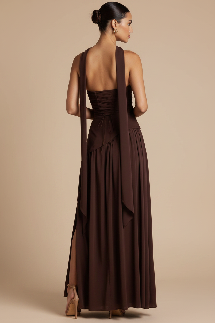 Valeria – Vestido Maxi Strapless Abertura Elegante Marrón
