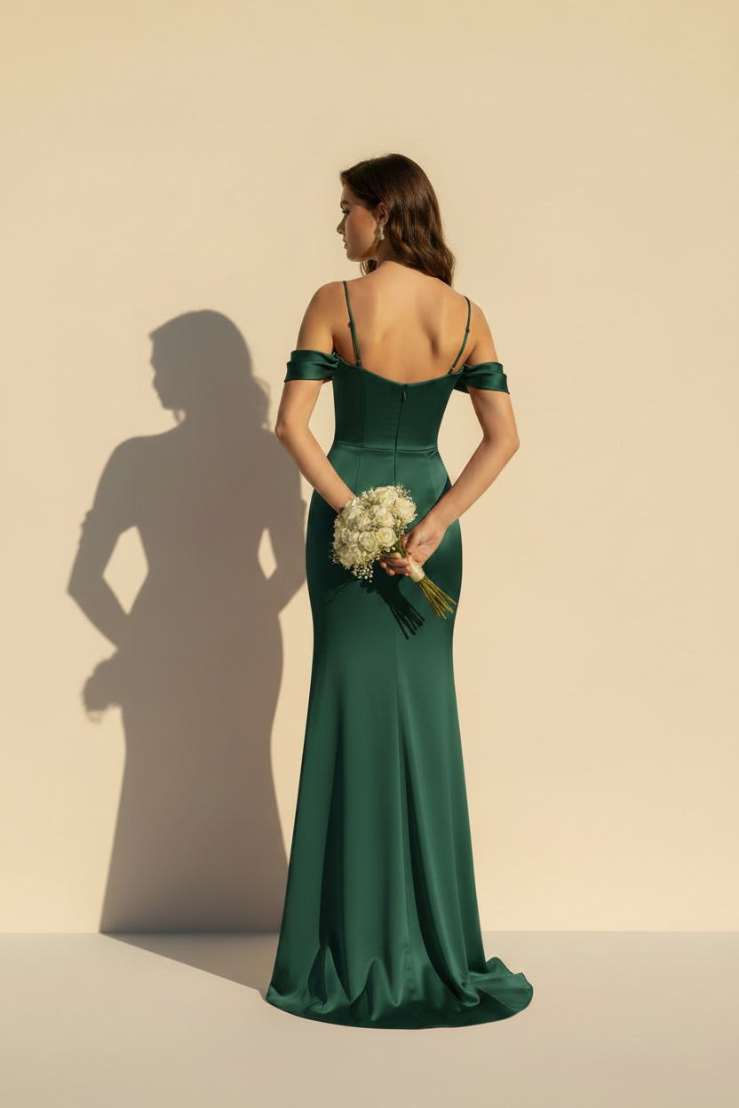 Aurélie – Vestido Maxi Satinado Efecto Silueta Verde Oliva