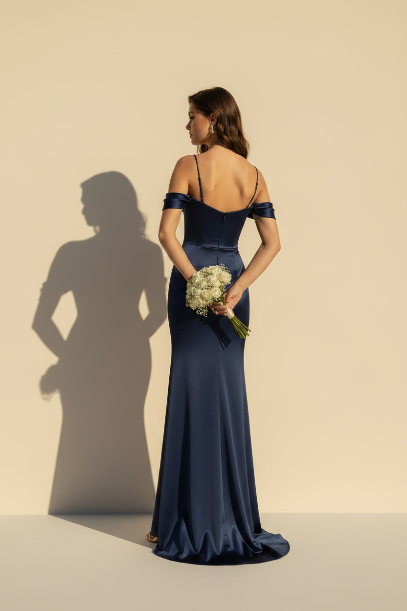 Aurélie – Vestido Maxi Satinado Efecto Silueta Azul Marino