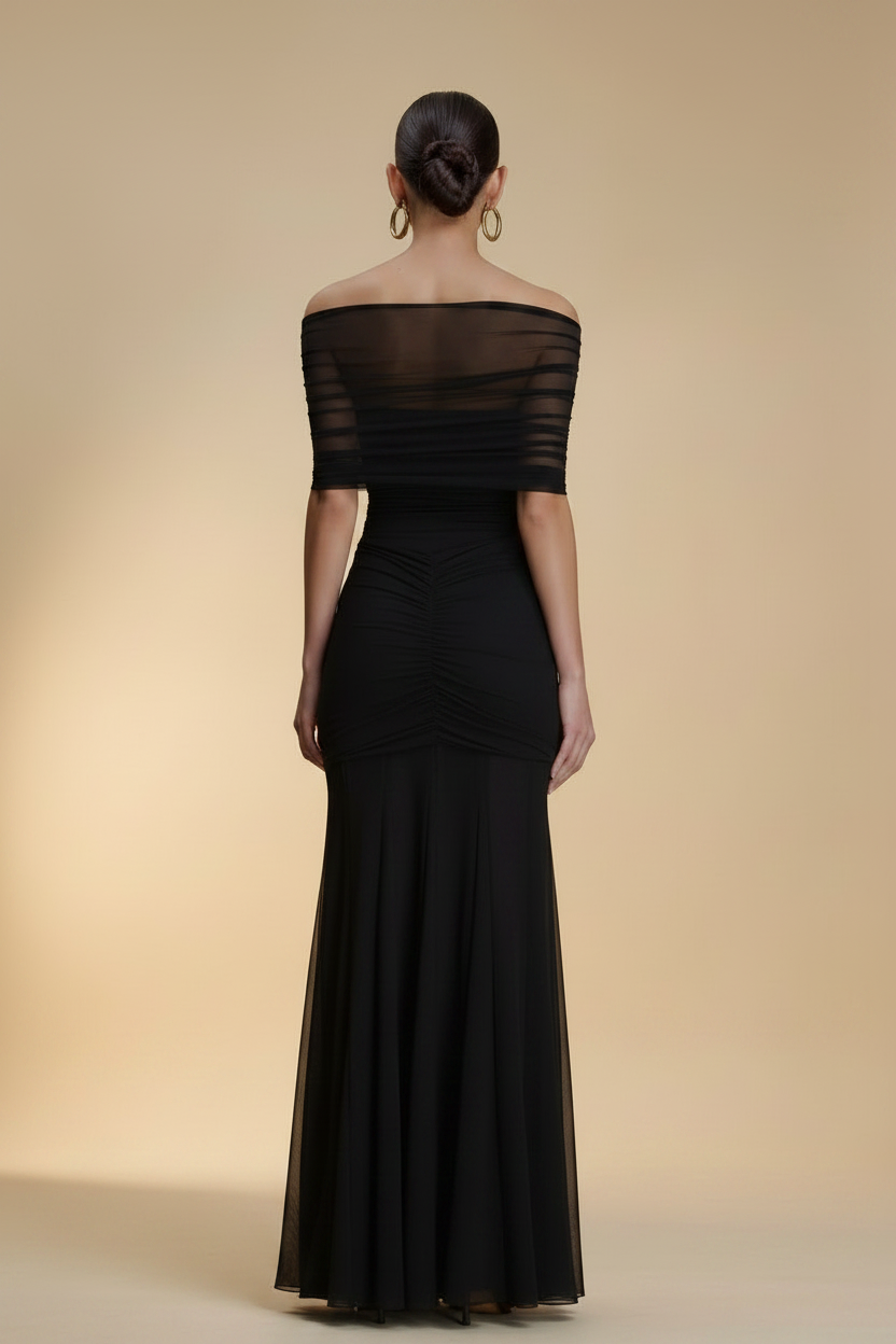 Aurelia – Vestido Maxi Drapeado Efecto Silueta Negro