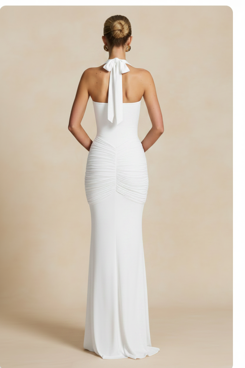 Seraphina – Vestido Maxi Fruncido Efecto Silueta Blanco