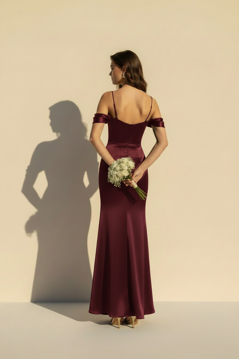Aurélie – Vestido Maxi Satinado Efecto Silueta Burdeos