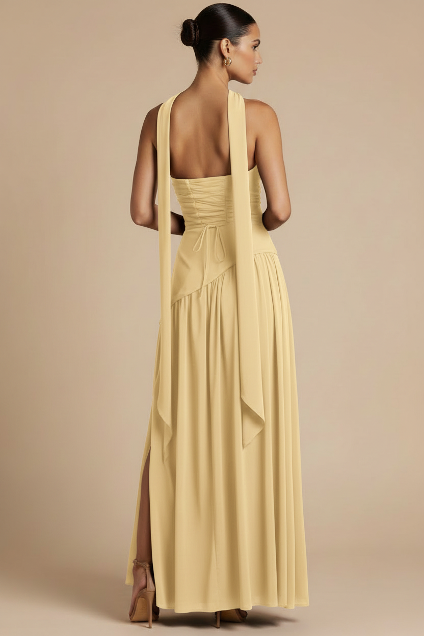 Valeria – Vestido Maxi Strapless Abertura Elegante Amarillo Claro