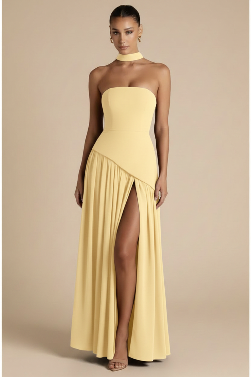 Valeria – Vestido Maxi Strapless Abertura Elegante Amarillo Claro