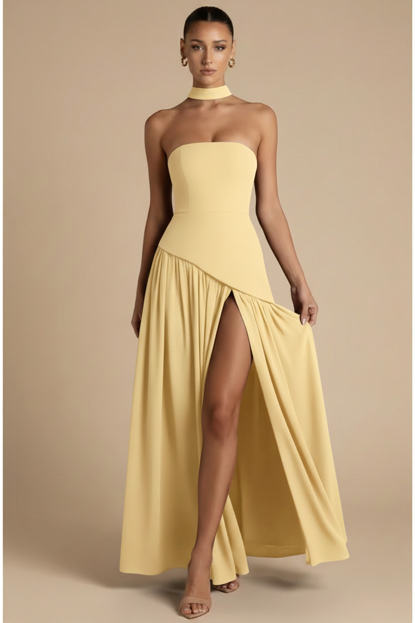 Valeria – Vestido Maxi Strapless Abertura Elegante Amarillo Claro