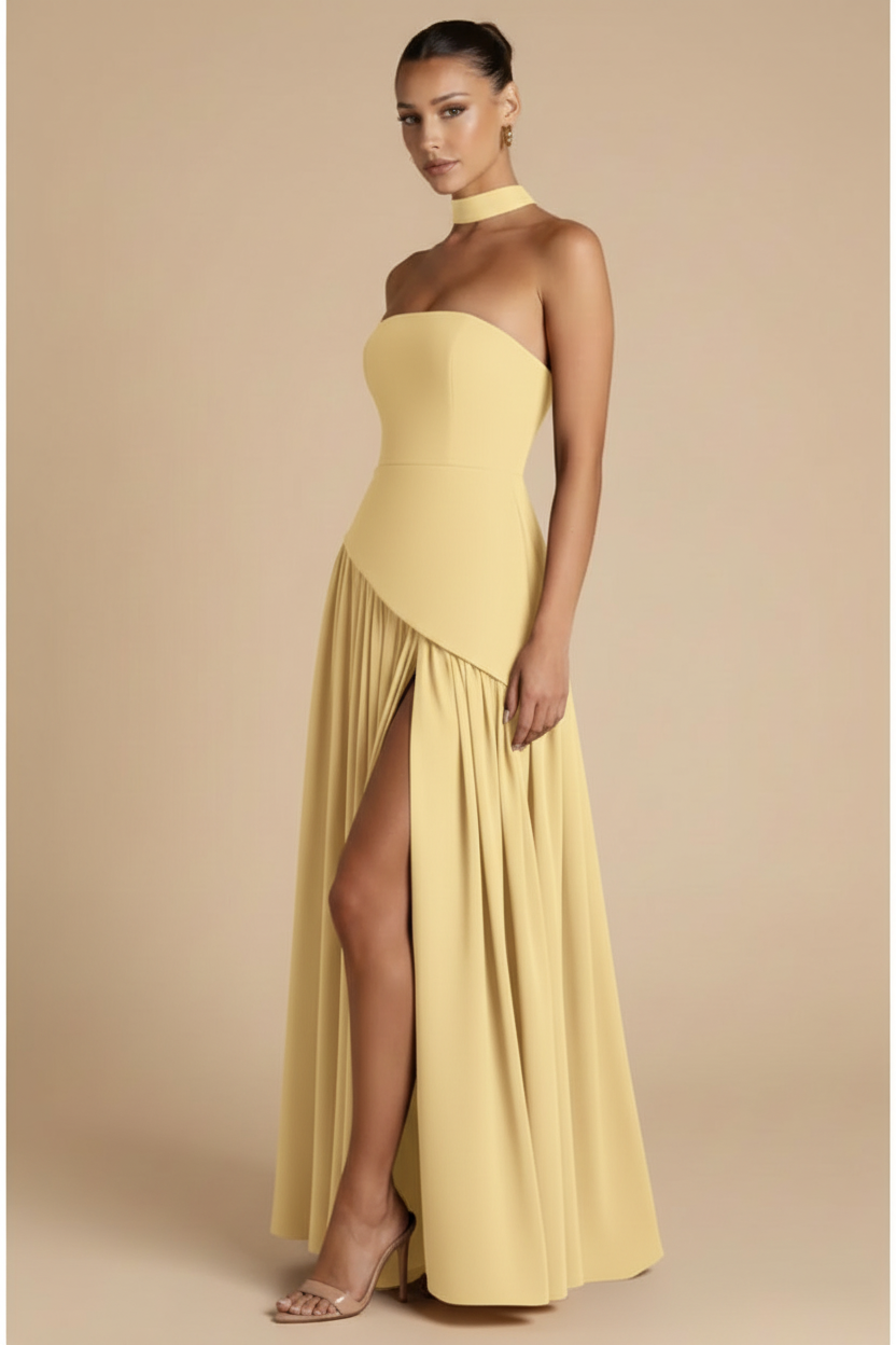 Valeria – Vestido Maxi Strapless Abertura Elegante Amarillo Claro