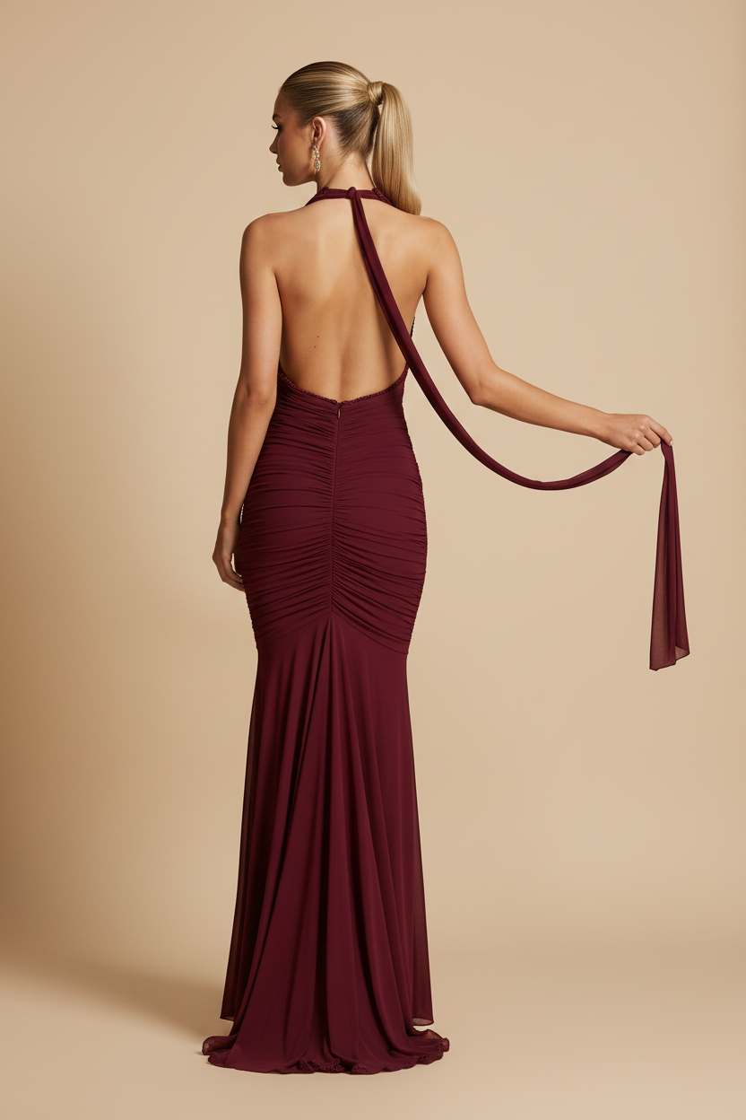 Vera – Vestido Maxi Escote Profundo con Abertura Fluida Burdeos