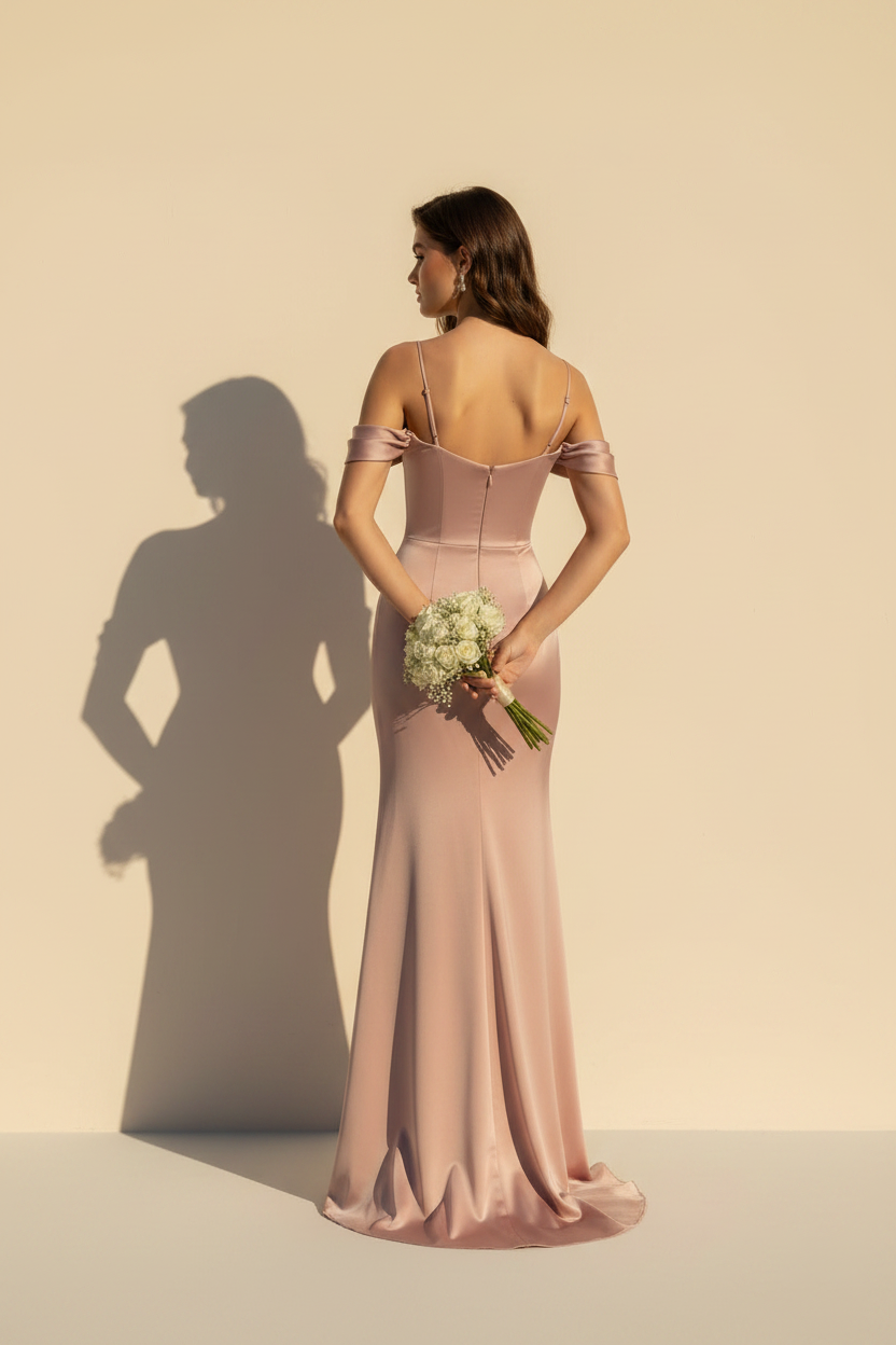 Aurélie – Vestido Maxi Satinado Efecto Silueta Rosa Empolvado