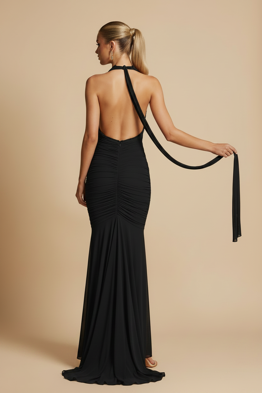Vera – Vestido Maxi Escote Profundo con Abertura Fluida Negro