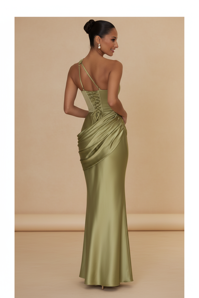 Aveline – Vestido Maxi Asimétrico Satinado Verde Oliva