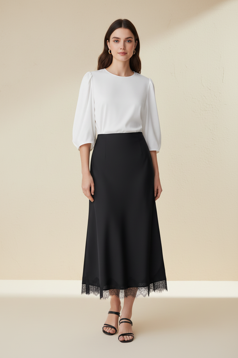 Noire – Falda Midi Encaje Efecto Elegante