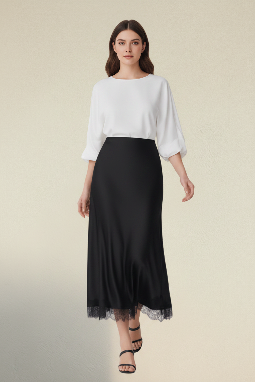 Noire – Falda Midi Encaje Efecto Elegante