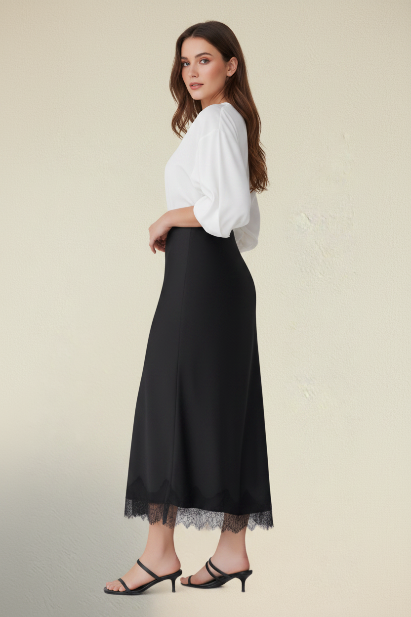 Noire – Falda Midi Encaje Efecto Elegante