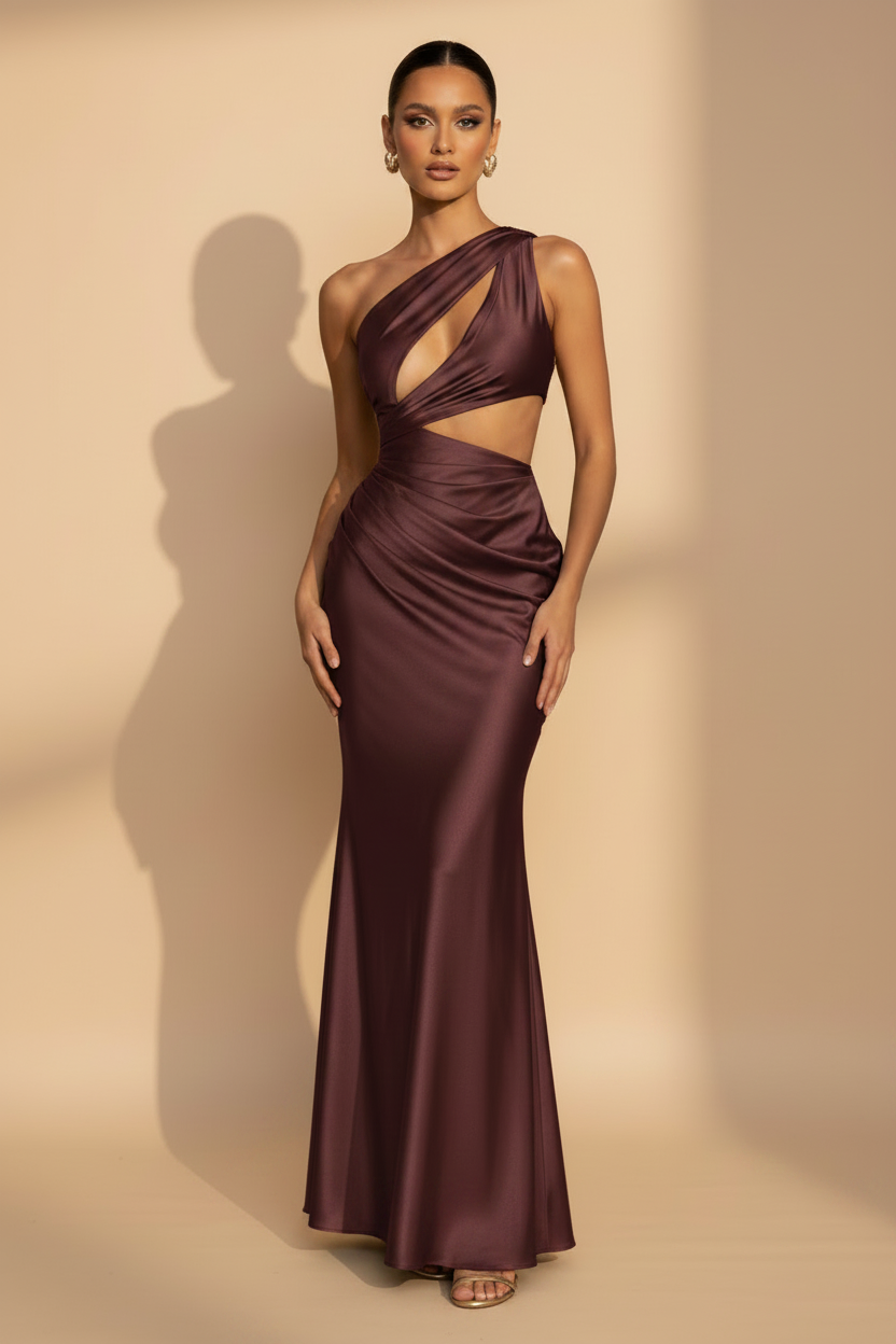 Aveline – Vestido Maxi Asimétrico Satinado Burdeos