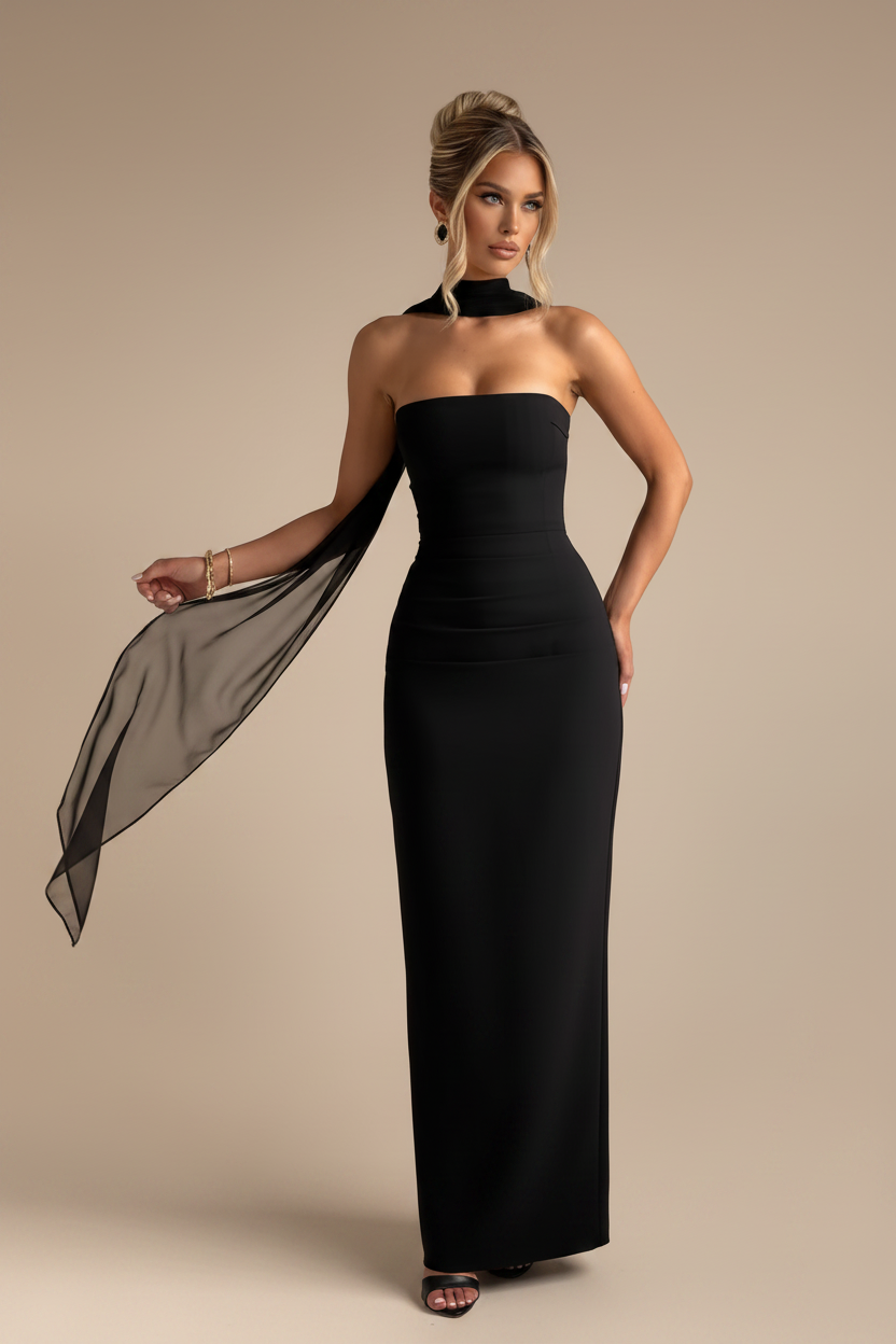 Vestido Maxi Strapless con Caída Fluida Negro