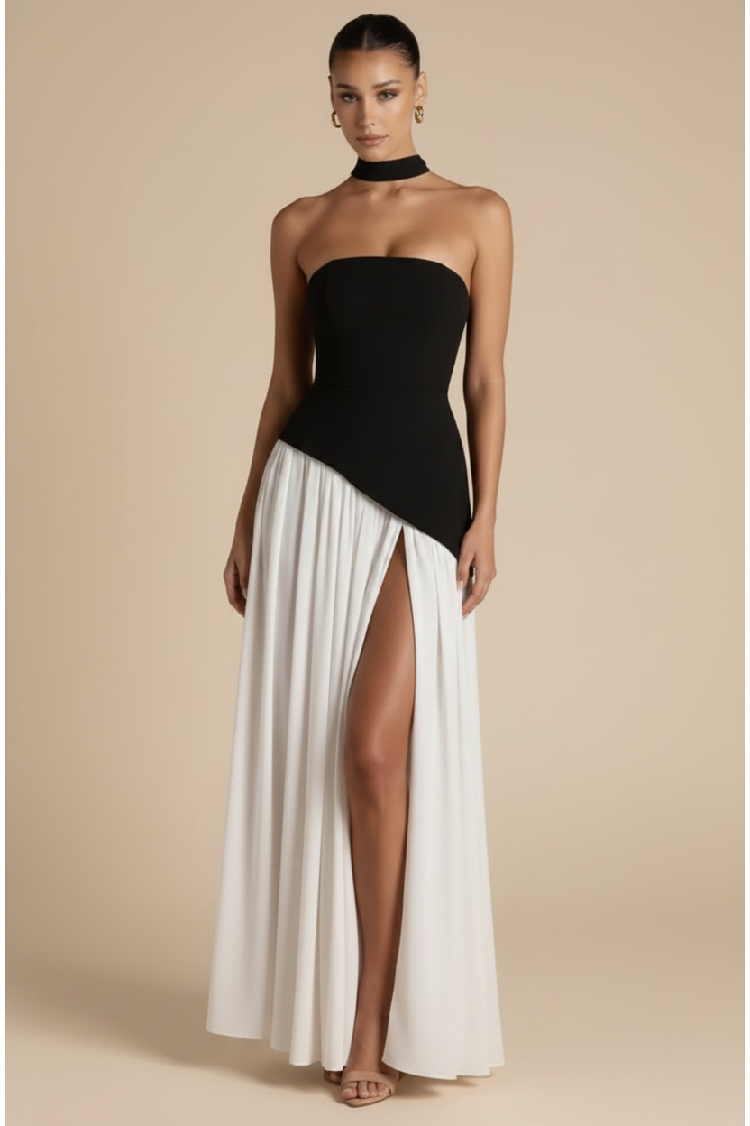 Valeria – Vestido Maxi Strapless Abertura Elegante Blanco y Negro