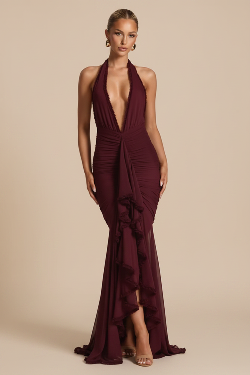 Vera – Vestido Maxi Escote Profundo con Abertura Fluida Burdeos