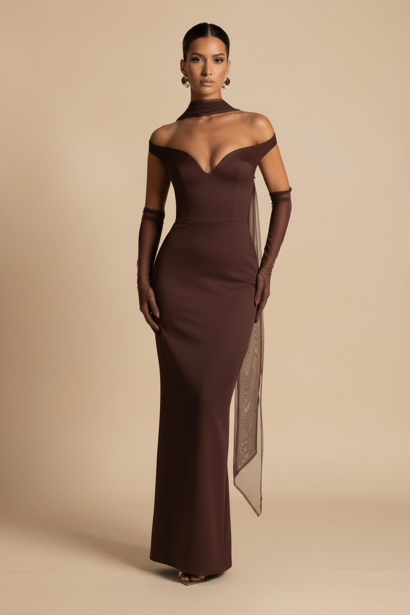 Selene – Vestido Maxi Off Shoulder Efecto Silueta Chocolate