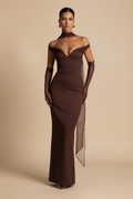 Selene – Vestido Maxi Off Shoulder Efecto Silueta Chocolate