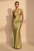 Aveline – Vestido Maxi Asimétrico Satinado Verde Oliva