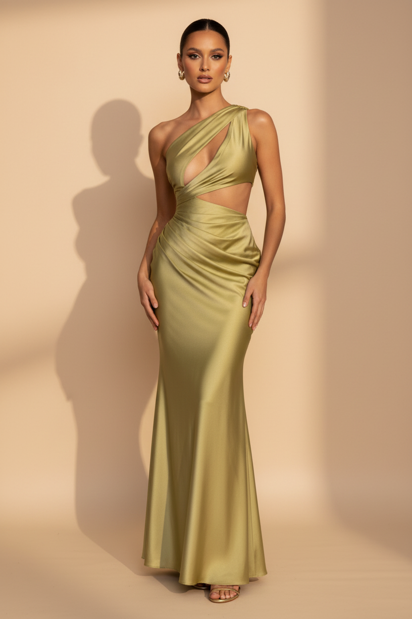 Aveline – Vestido Maxi Asimétrico Satinado Verde Oliva