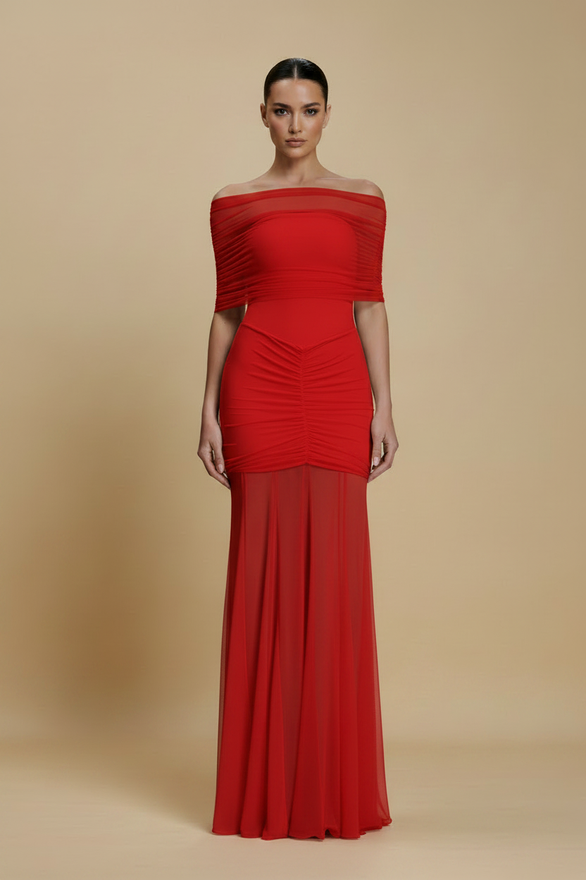 Aurelia – Vestido Maxi Drapeado Efecto Silueta Rojo