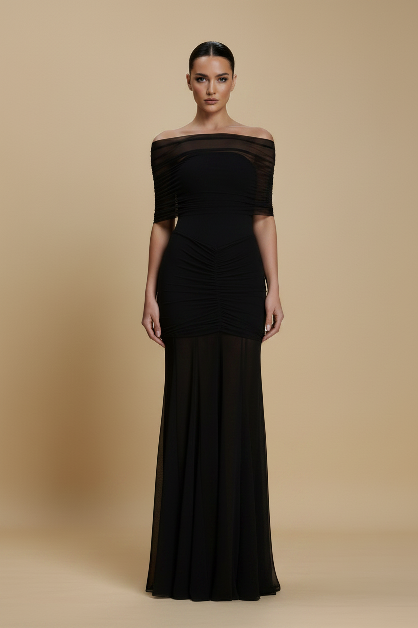 Aurelia – Vestido Maxi Drapeado Efecto Silueta Negro