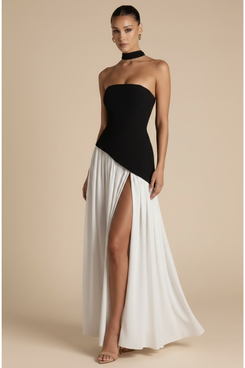 Valeria – Vestido Maxi Strapless Abertura Elegante Blanco y Negro