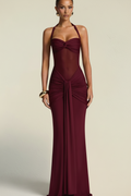 Seraphina – Vestido Maxi Fruncido Efecto Silueta Burdeos