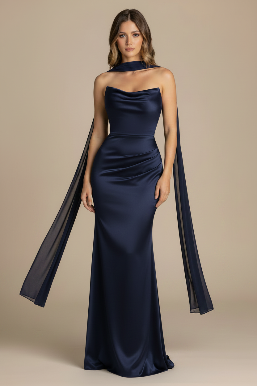 Serena – Vestido Maxi Strapless Efecto Silueta Azul Marino