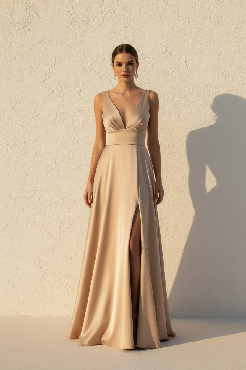 Aurelia – Vestido Largo Fluido Efecto Silueta Champagne