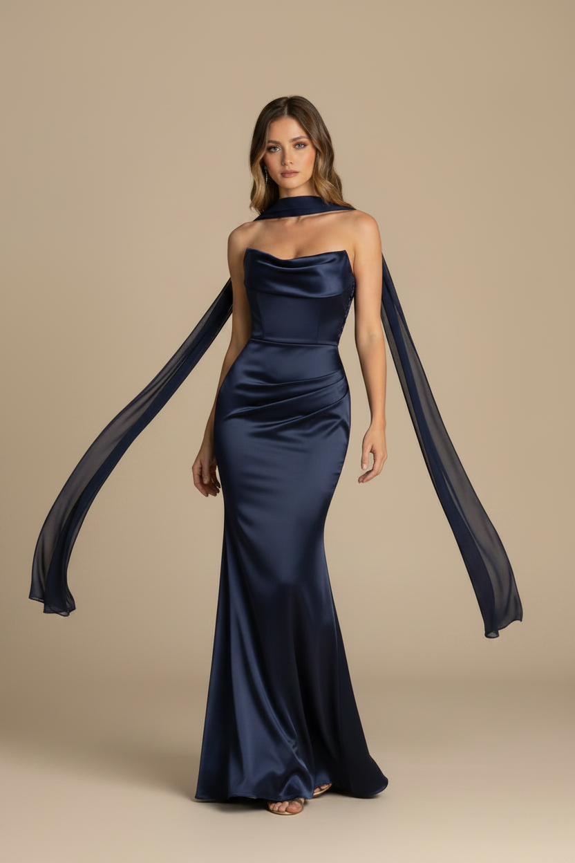 Serena – Vestido Maxi Strapless Efecto Silueta Azul Marino