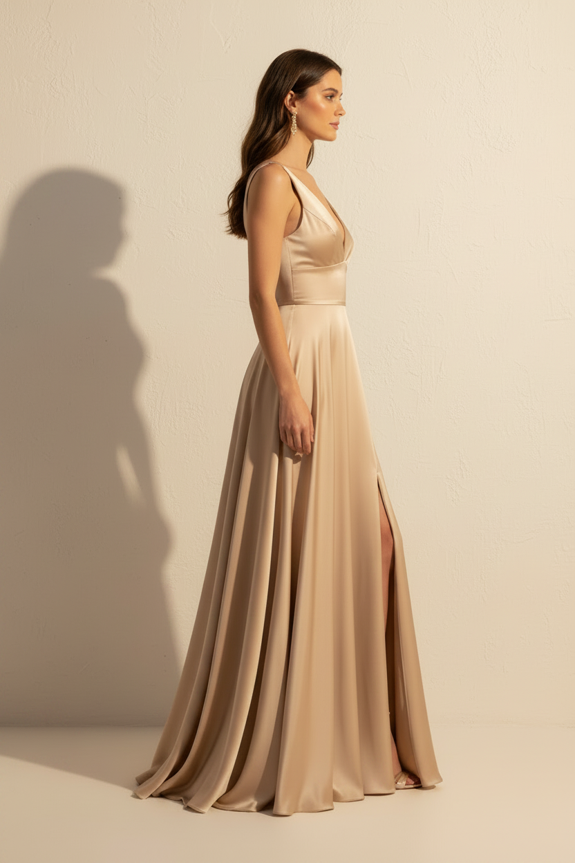 Aurelia – Vestido Largo Fluido Efecto Silueta Champagne