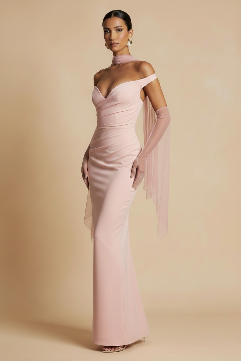 Selene – Vestido Maxi Off Shoulder Efecto Silueta Rosa