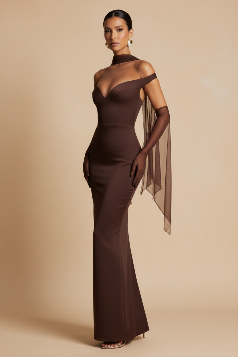 Selene – Vestido Maxi Off Shoulder Efecto Silueta Chocolate
