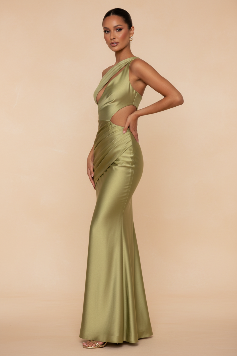 Aveline – Vestido Maxi Asimétrico Satinado Verde Oliva