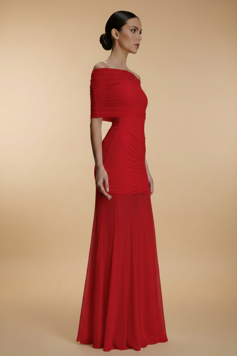 Aurelia – Vestido Maxi Drapeado Efecto Silueta Rojo