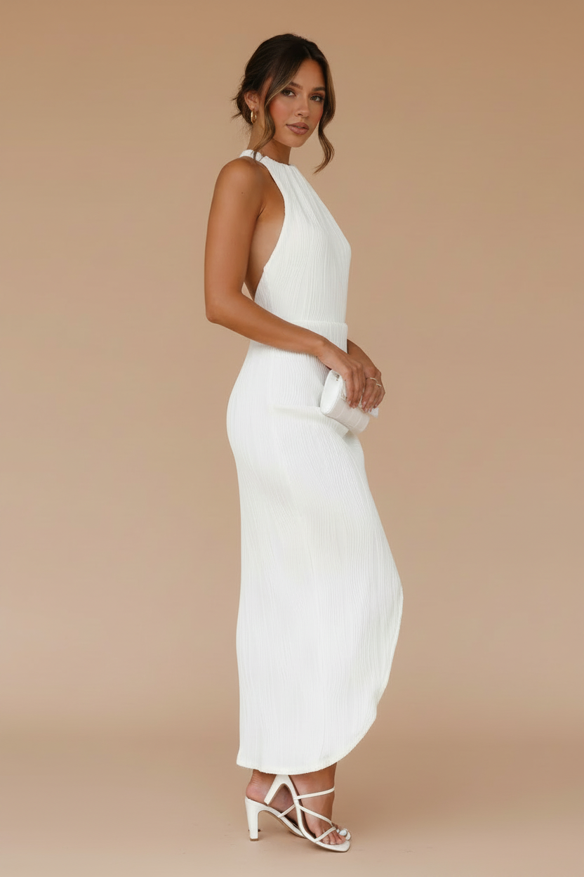 Celia – Vestido Midi Halter Efecto Silueta Blanco