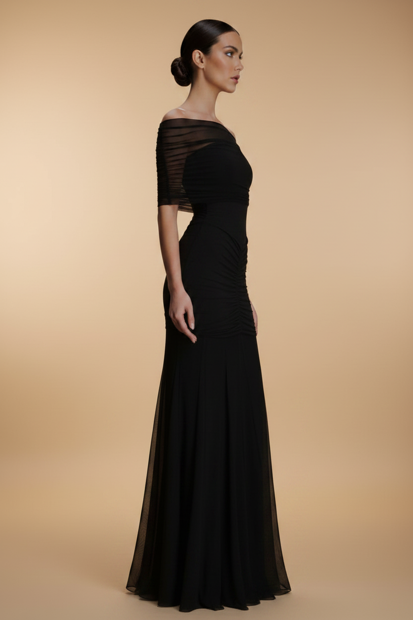 Aurelia – Vestido Maxi Drapeado Efecto Silueta Negro