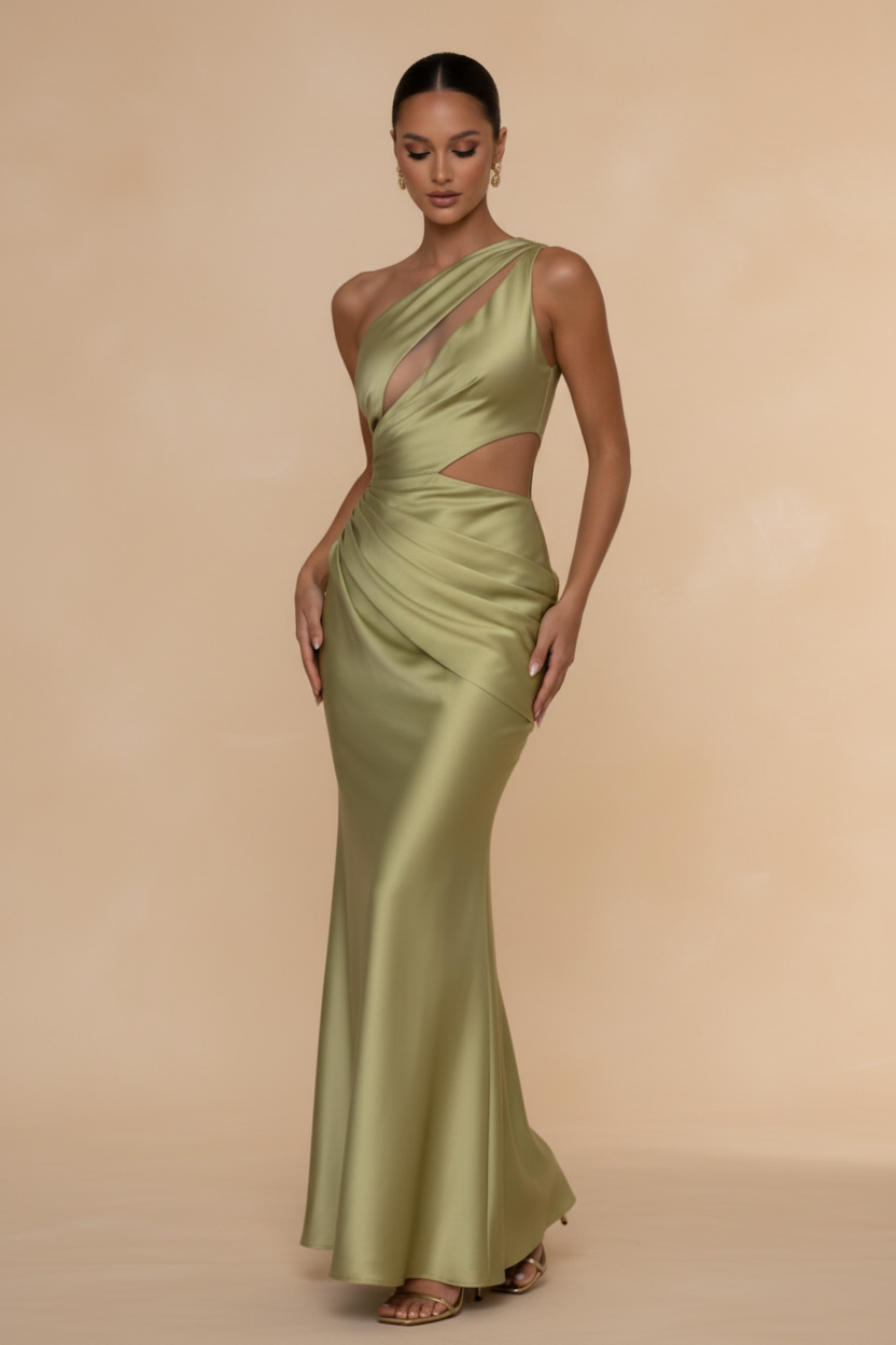 Aveline – Vestido Maxi Asimétrico Satinado Verde Oliva