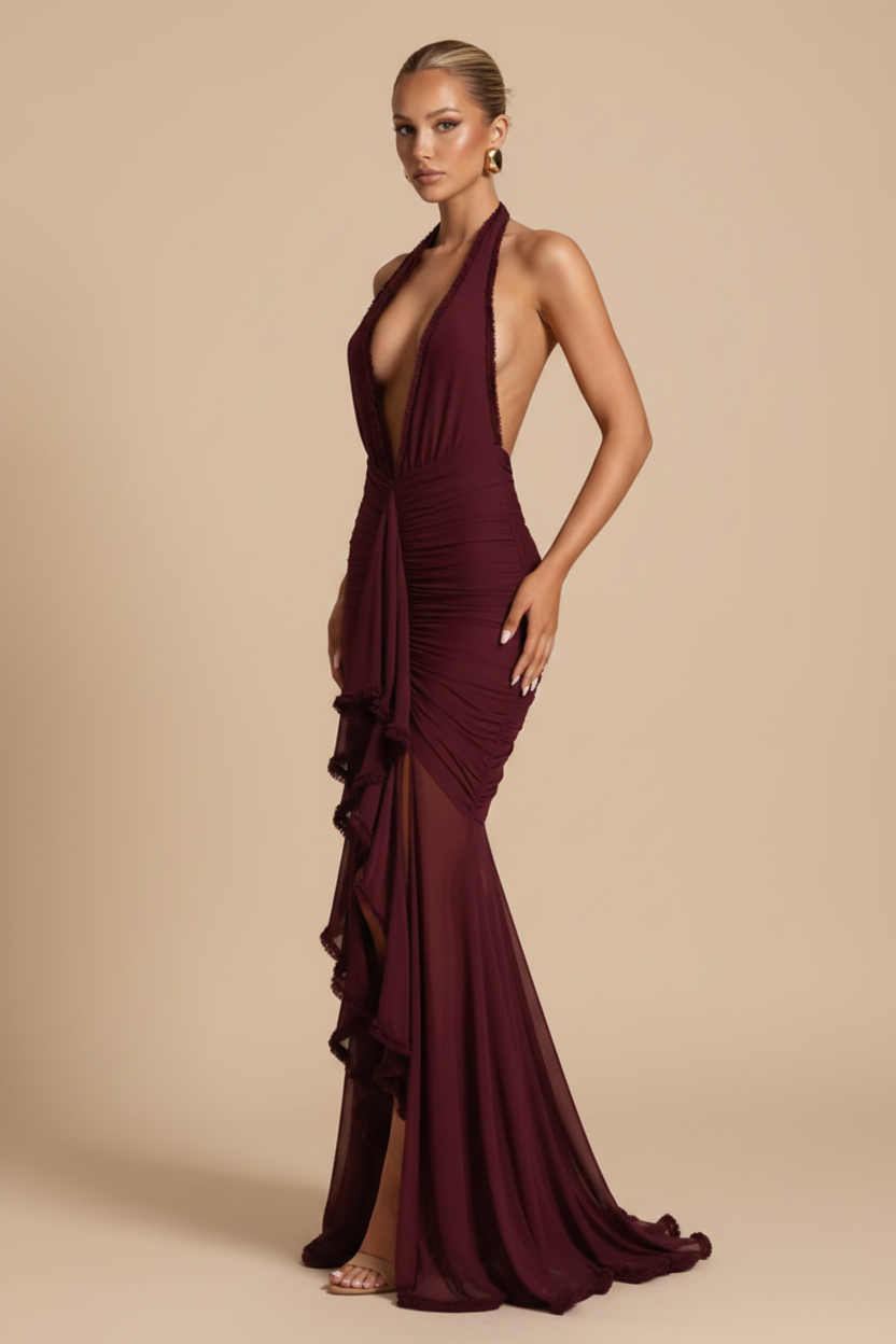 Vera – Vestido Maxi Escote Profundo con Abertura Fluida Burdeos