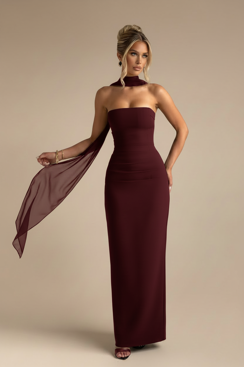Vestido Maxi Strapless con Caída Fluida Borgoña