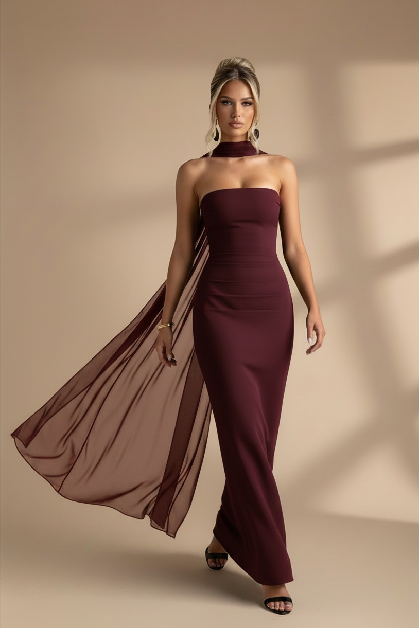 Vestido Maxi Strapless con Caída Fluida Borgoña