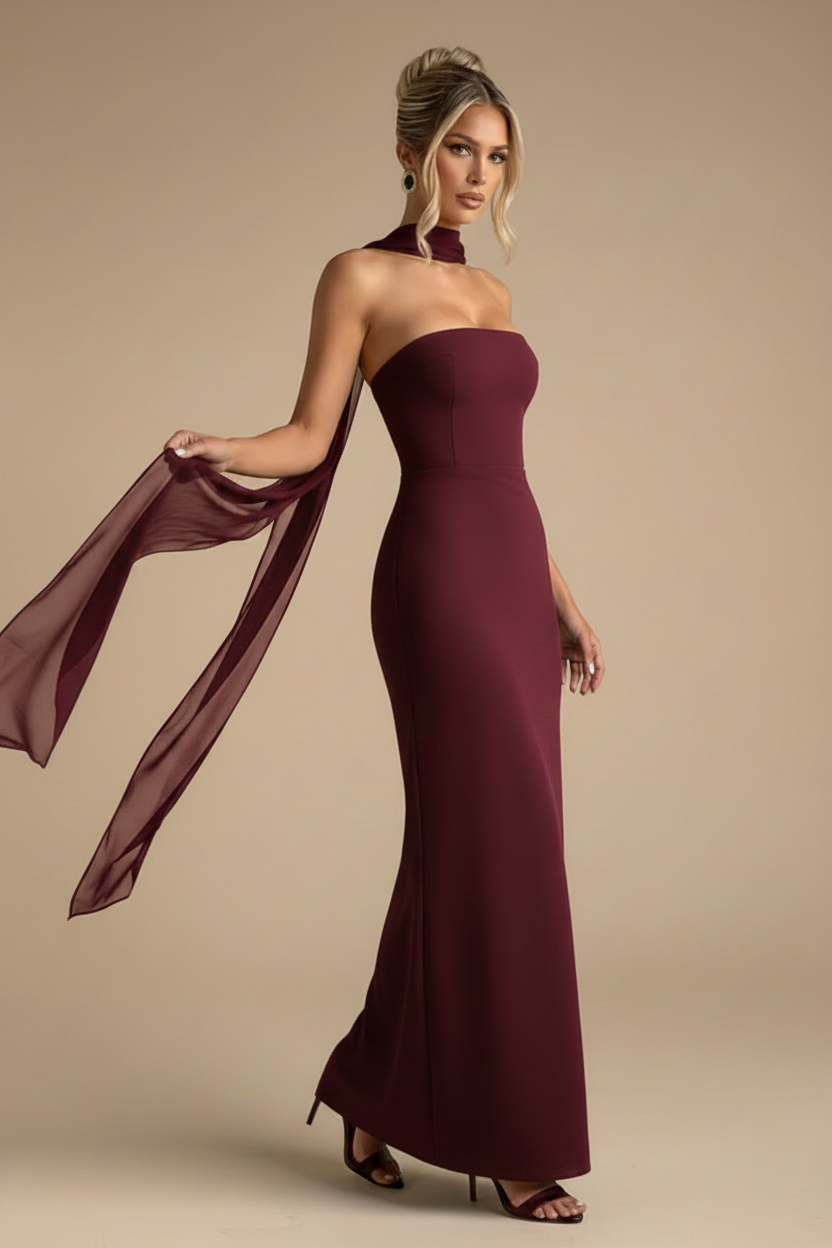Vestido Maxi Strapless con Caída Fluida Borgoña